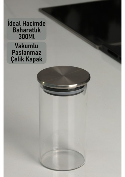 Baharatlık Borosilikat (Cam) Çelik Kapaklı 300ML 24 Adet Kavanoz 6 Adet Stoplu Pleksi Stant (Beyaz)