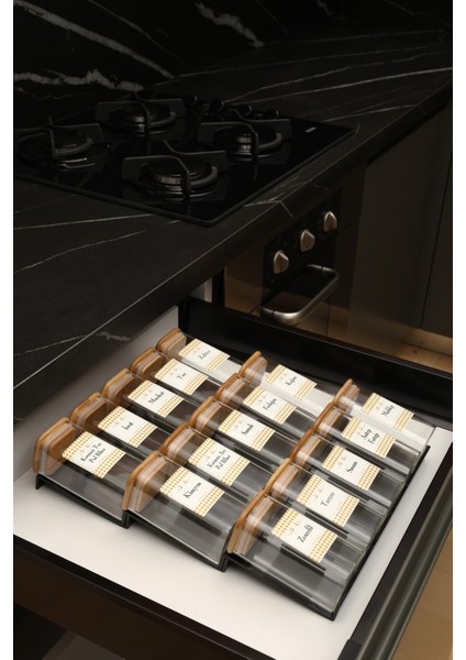 15 Adet Bambu Kapaklı 300ML Borosilikat (Cam) Baharatlık Kavanoz ve 3 Adet Düzenleyici Stant (Siyah)