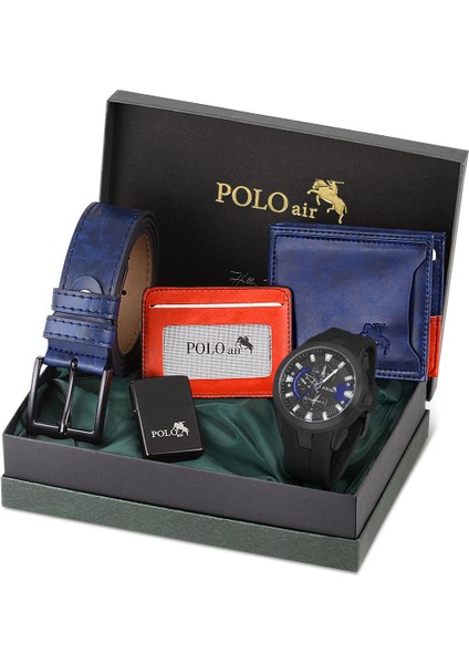 Erkek Set Kombin Kemer Cüzdan Kartlık Çakmak Kol Saati Hediyelik Kutusunda Lacivert Set PL-0974E6