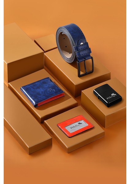 Erkek Set Kombin Kemer Cüzdan Kartlık Çakmak Kol Saati Hediyelik Kutusunda Lacivert Set PL-0974E6 indirimleri