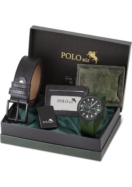 Erkek Set Kombin Kemer Cüzdan Kartlık Çakmak Kol Saati Hediyelik Kutusunda Yeşil Set PL-0974E3
