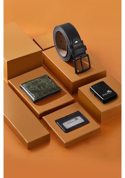 Erkek Set Kombin Kemer Cüzdan Kartlık Çakmak Kol Saati Hediyelik Kutusunda Yeşil Set PL-0974E3 indirimleri