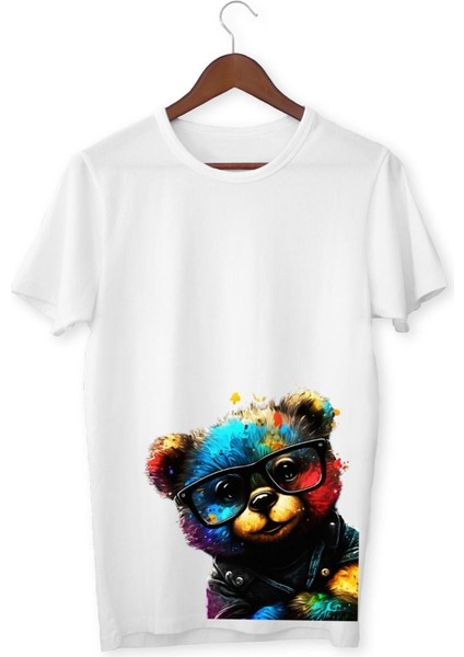 Ayıcık Baskılı Beyaz Tişört Çocuk Yetişkin Beyaz T-Shirt Çocuk