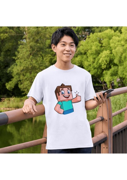 Steve Onaylıyor Tişörtleri Beyaz T-Shirt Minecraft Steve Tişört Çocuk Yetişkin Tişört