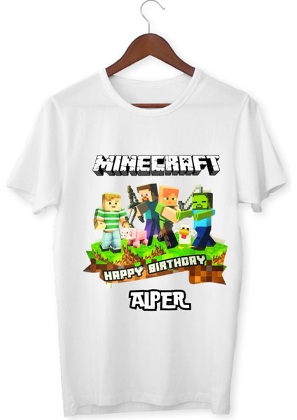 Isme Özel Minecrat Tişört Özel Kişiye Özel Minecraft T-Shirt Yetişkin Çocuk Beyaz Tişört