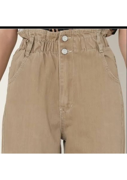 Lastik Belli Yüksek Bel Geniş Paça Kot Pantolon