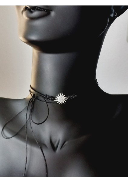 Gümüş Güneş Şans Çarkı Siyah Ip Tasarım Kadın Choker Kolye Sevgililer Günü Hediye