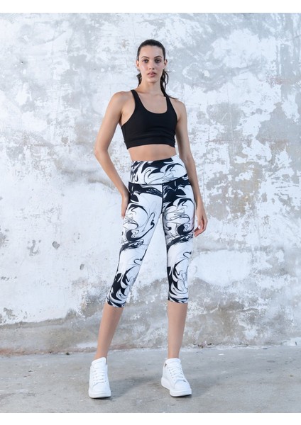 Siyah Beyaz Batik Desen Ekstra Yüksek Bel Toparlayıcı Spor Kapri Tayt