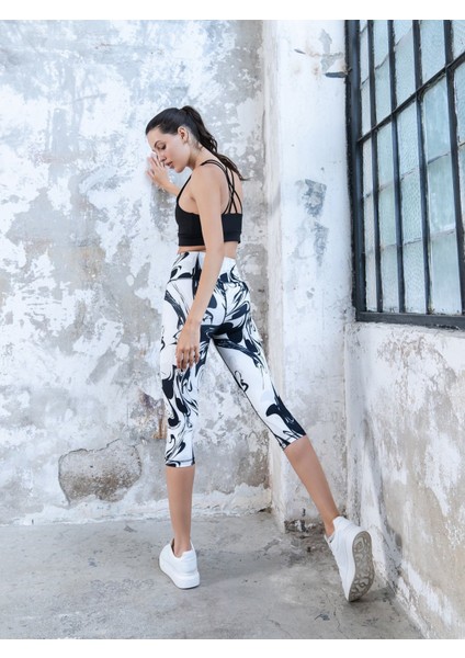 Siyah Beyaz Batik Desen Ekstra Yüksek Bel Toparlayıcı Spor Kapri Tayt fiyatları