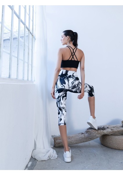 Siyah Beyaz Batik Desen Ekstra Yüksek Bel Toparlayıcı Spor Kapri Tayt fırsatları