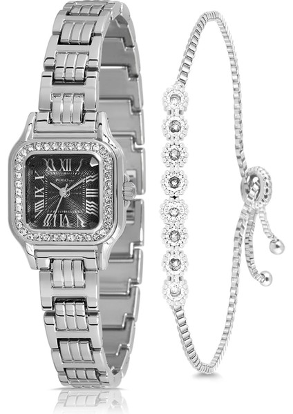 Vintage Romen Rakamlı Lüx Taşlı Kadın Kol Saati Su Yolu Bileklik Kombin Gümüş Siyah Renk PL-1515B5