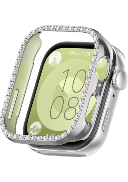 Huawei Watch Fit 3 Uyumlu Pırlanta Taşlı Görünüm Kasa Koruyucu (Ekransız Çerçevedir) Gümüş