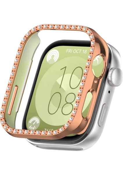 Huawei Watch Fit 3 Uyumlu Pırlanta Taşlı Görünüm Kasa Koruyucu (Ekransız Çerçevedir) Rose Gold
