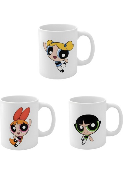 3'lü Powerpuff Girls Tasarım Baskılı Premium Beyaz Porselen Kupa Bardak