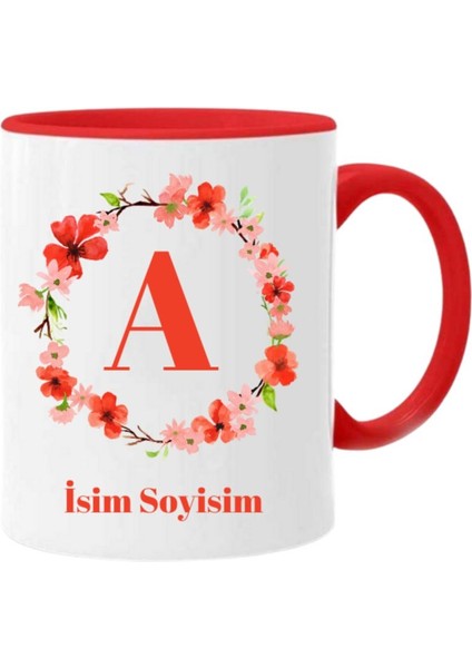 Isme Özel Baskılı Kupa Isim Baş Harfi Kişiselleştirilebilir Özel Kupa Bardak Içi ve Kulbu Kırmızı