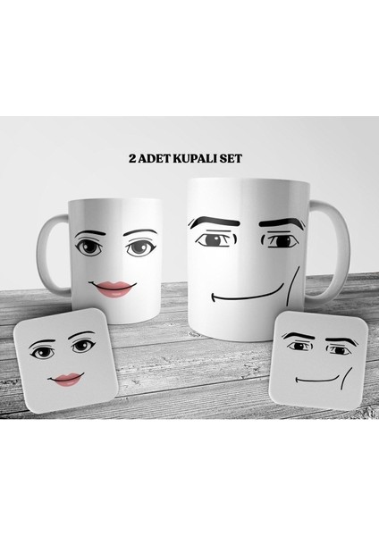 Roblox Man & Woman Face 2 Adet Kupa Bardak ve Bardak Altlığı Seti