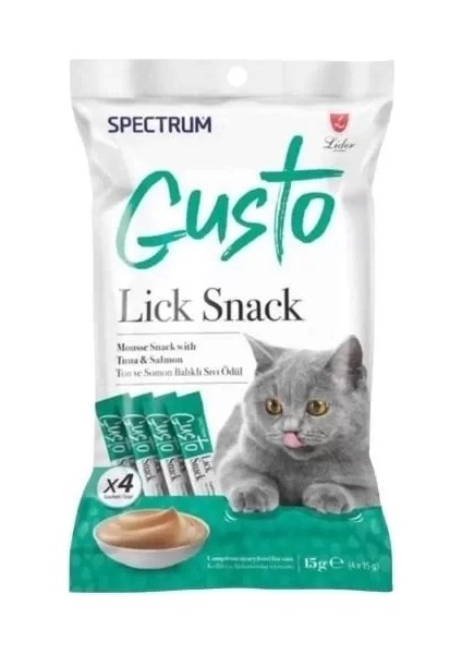 Gusto Lick Snack Ton ve Somon Balıklı Sıvı Kedi Ödül Maması 15 gr 4 Adet