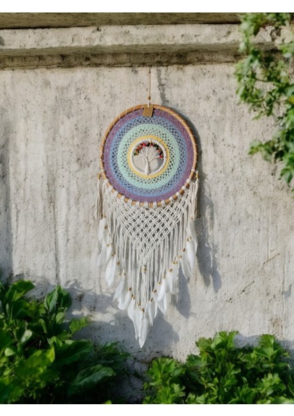 El Yapımı Renkli Ahşap Boncuklu Örgü Ağaç Desen Düş Kapanı Dreamcatcher 42 x 120 cm