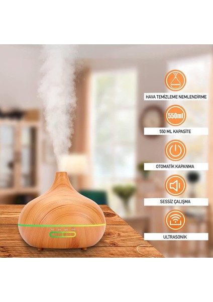 Ahşap Desenli Hava Ve Oda Nemlendirici Ve Aroma Koku Difüzörü Kumandalı Led Işıklı