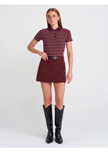81056 Kemerli Şort Etek-Bordo