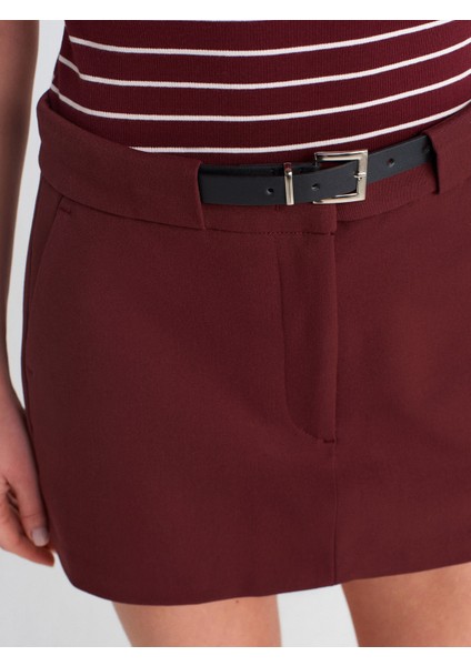81056 Kemerli Şort Etek-Bordo