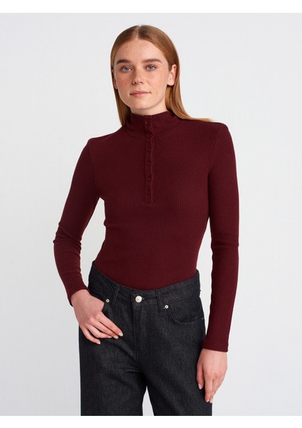 31435 Balıkçı Yaka Düğmeli Top-Bordo