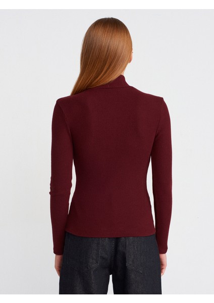 31435 Balıkçı Yaka Düğmeli Top-Bordo