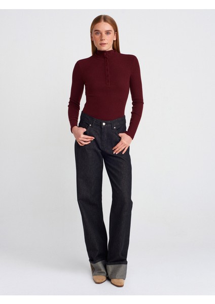 31435 Balıkçı Yaka Düğmeli Top-Bordo