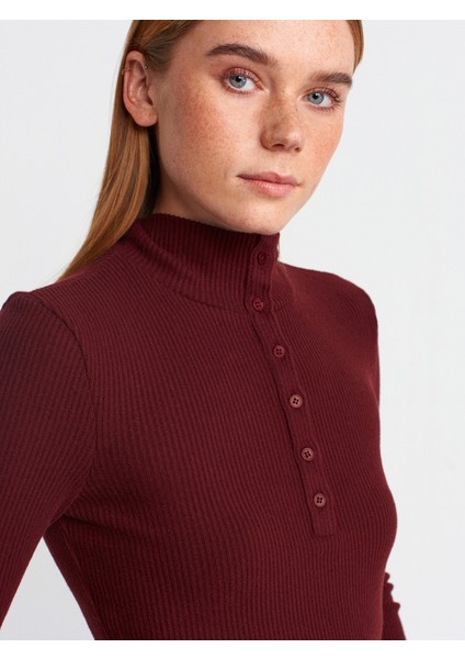 31435 Balıkçı Yaka Düğmeli Top-Bordo