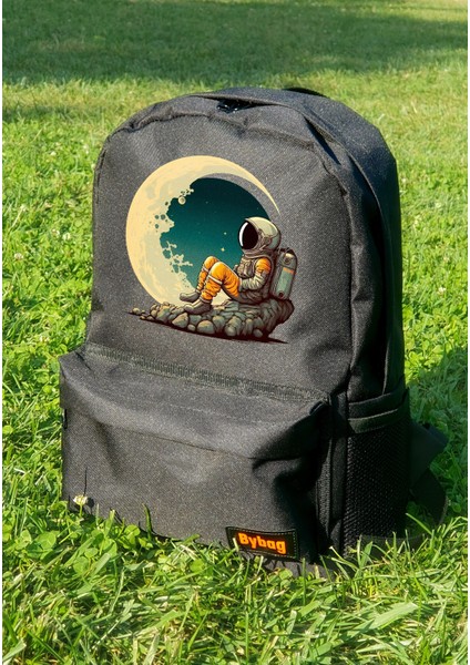 Astronot Hilal Ay Baskılı Siyah Sırt Çantası