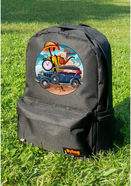 Seyahat Yolculuk Temalı Baskılı Siyah Sırt Çantası