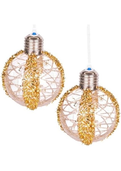 Yılbaşı Topu Ampul LED Işıklı Simli Desenli 2'li Paket Gold 7 cm .