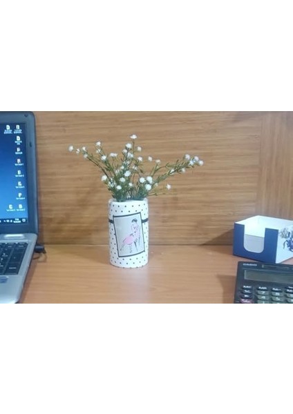 Dahil,vazo Dahil,vazoda Çiçek,beyaz Yapay Çiçek,vazo Dekoratif Pembe Elbiseli Kadın 7X7X16CM