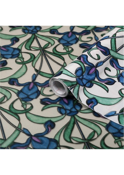 176-0616 Mavi Yeşil Motif Yapışkanlı Cam Vitray Folyo (45 cm x 1 Mt)