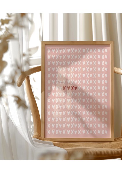 Çerçevesiz Poster Pembe Zemin Üzerinde Kalpler ve Çarpılar Desenli