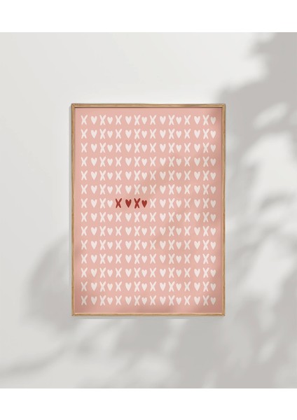 Çerçevesiz Poster Pembe Zemin Üzerinde Kalpler ve Çarpılar Desenli