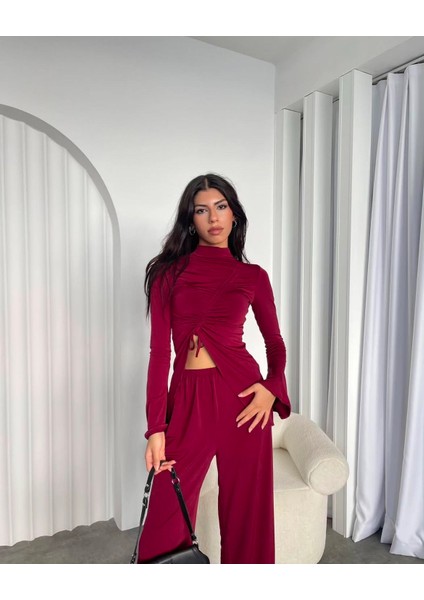 Bordo Renk Büzgülü Bağcıklı Bluz Pantolon Kadın Alt Üst Ikili Takım