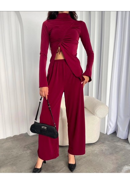 Bordo Renk Büzgülü Bağcıklı Bluz Pantolon Kadın Alt Üst Ikili Takım modelleri