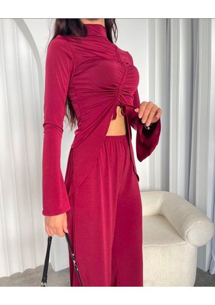 Bordo Renk Büzgülü Bağcıklı Bluz Pantolon Kadın Alt Üst Ikili Takım fırsatları