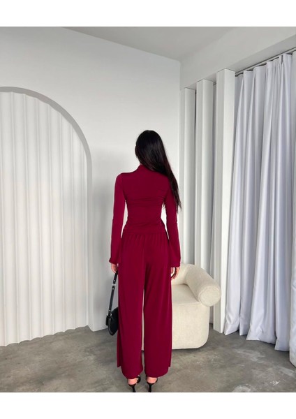 Bordo Renk Büzgülü Bağcıklı Bluz Pantolon Kadın Alt Üst Ikili Takım indirimleri