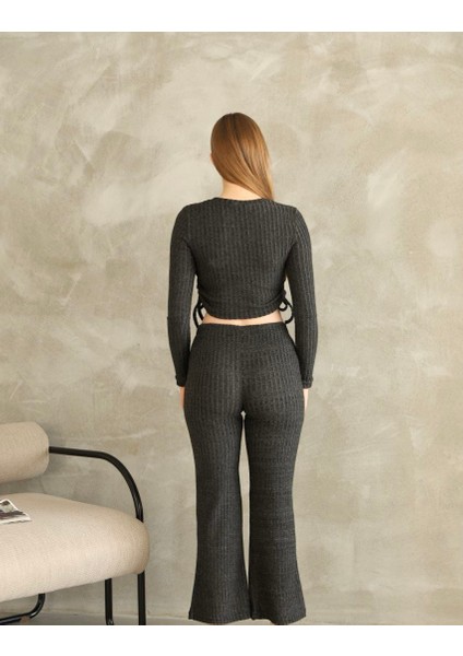 Kadın Fitilli Büzgülü Bağlama Detaylı Crop Pantolon Takım