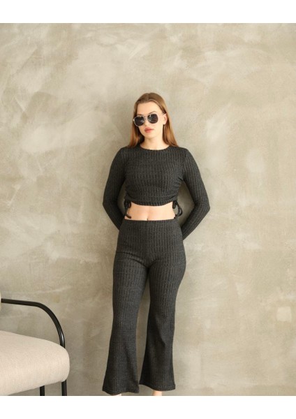 Kadın Fitilli Büzgülü Bağlama Detaylı Crop Pantolon Takım