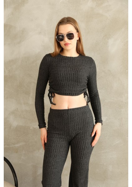 Kadın Fitilli Büzgülü Bağlama Detaylı Crop Pantolon Takım modelleri