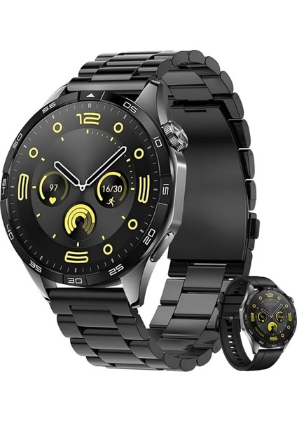 GT4 Max Siyah 46mm Akıllı Saat – Sesli Görüşmeli, NFC & GPS Destekli, Android & Huawei iPhone Uyumlu Watch 8-9-10