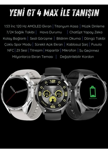 GT4 Max Siyah 46mm Akıllı Saat – Sesli Görüşmeli, NFC & GPS Destekli, Android & Huawei iPhone Uyumlu Watch 8-9-10