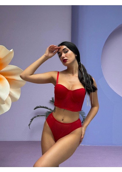 Celeste Red - Kadın Kırmızı Simli Büstiyer Sütyen Külot Iç Çamaşır Takımı fiyatları
