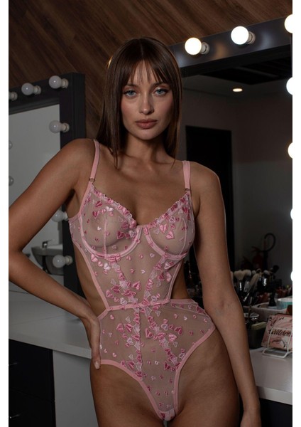 Agatha Pınk Pembe Çiçekli Balenli Dantelli Desteksiz Body Iç Giyim