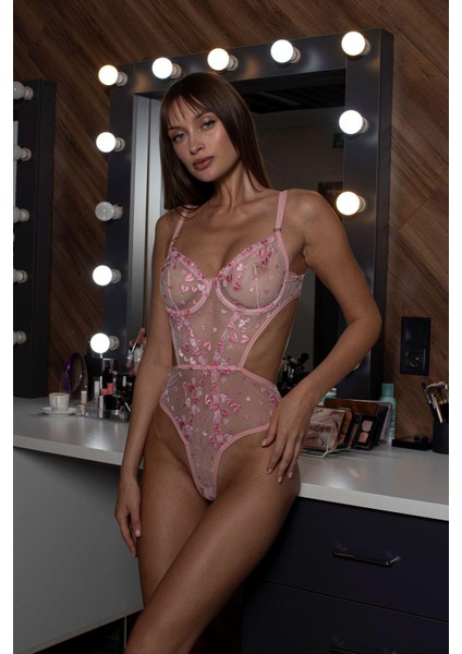 Agatha Pınk Pembe Çiçekli Balenli Dantelli Desteksiz Body Iç Giyim modelleri