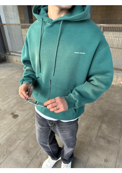Erkek Oversize Premium Yıkamalı Baskılı Hoodie Petrol Yeşili