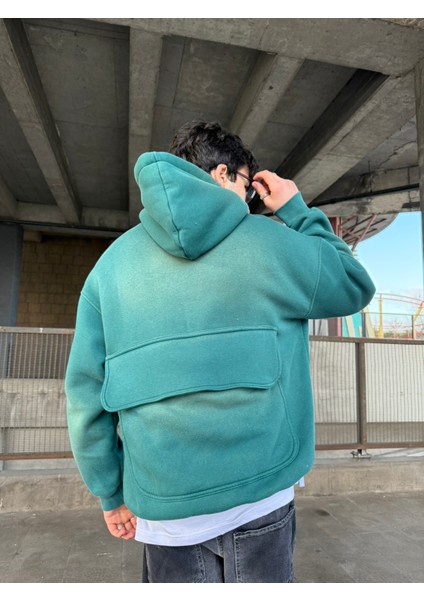 Erkek Oversize Premium Yıkamalı Baskılı Hoodie Petrol Yeşili fiyatları